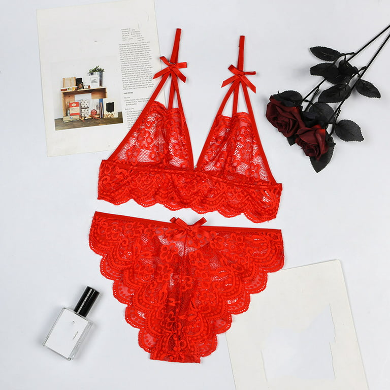 RQYYD Sexy Lingerie for Women,Two Piece Lace Lingerie Set,Underwire Bra and  Panty Set on Clearance (Red,M)