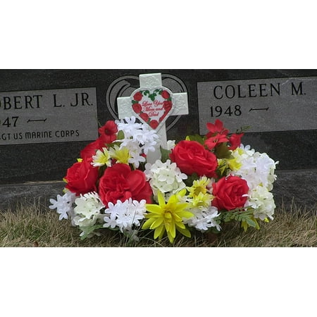 

Fireglo Memorial Decoration Ground Cover | You Mom And Dad W/Roses | Spring 2023 Collection | White Cross | Red White And Yellow Flowers With Greenry | Foam Base W/Steak | Pre-Assembled