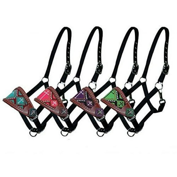 Showman Leather Bronc Halter w/ Beaded Cross Design (Lime Green)