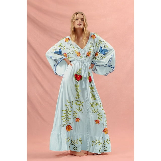 Faithtur Robe Bohème pour Femmes Manches Longues Taille à Cordon Robe Boutonnée Ligne A Robe Midi d'Été