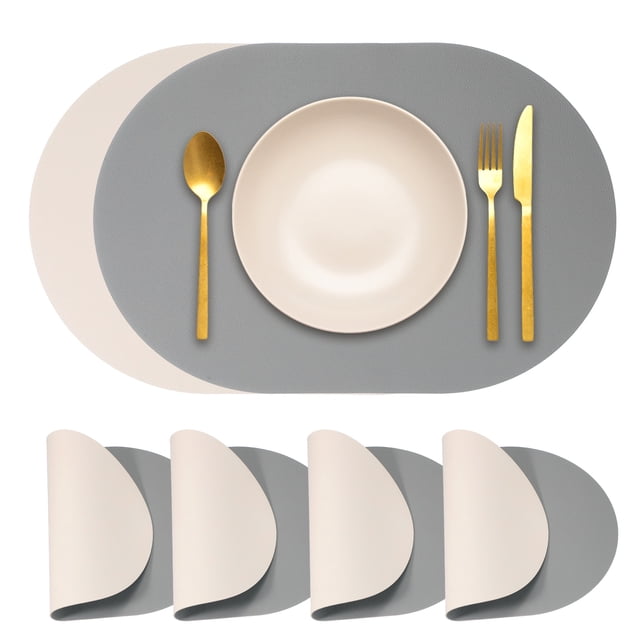 Uxcell Leather Placemats Sets of 4, PU Leather Dual Sided Oval Non-Slip Table Mats Washable Heat Resistant Waterproof Oil Proof Place Mats for Kitchen Dining(Dark Grey/Beige)