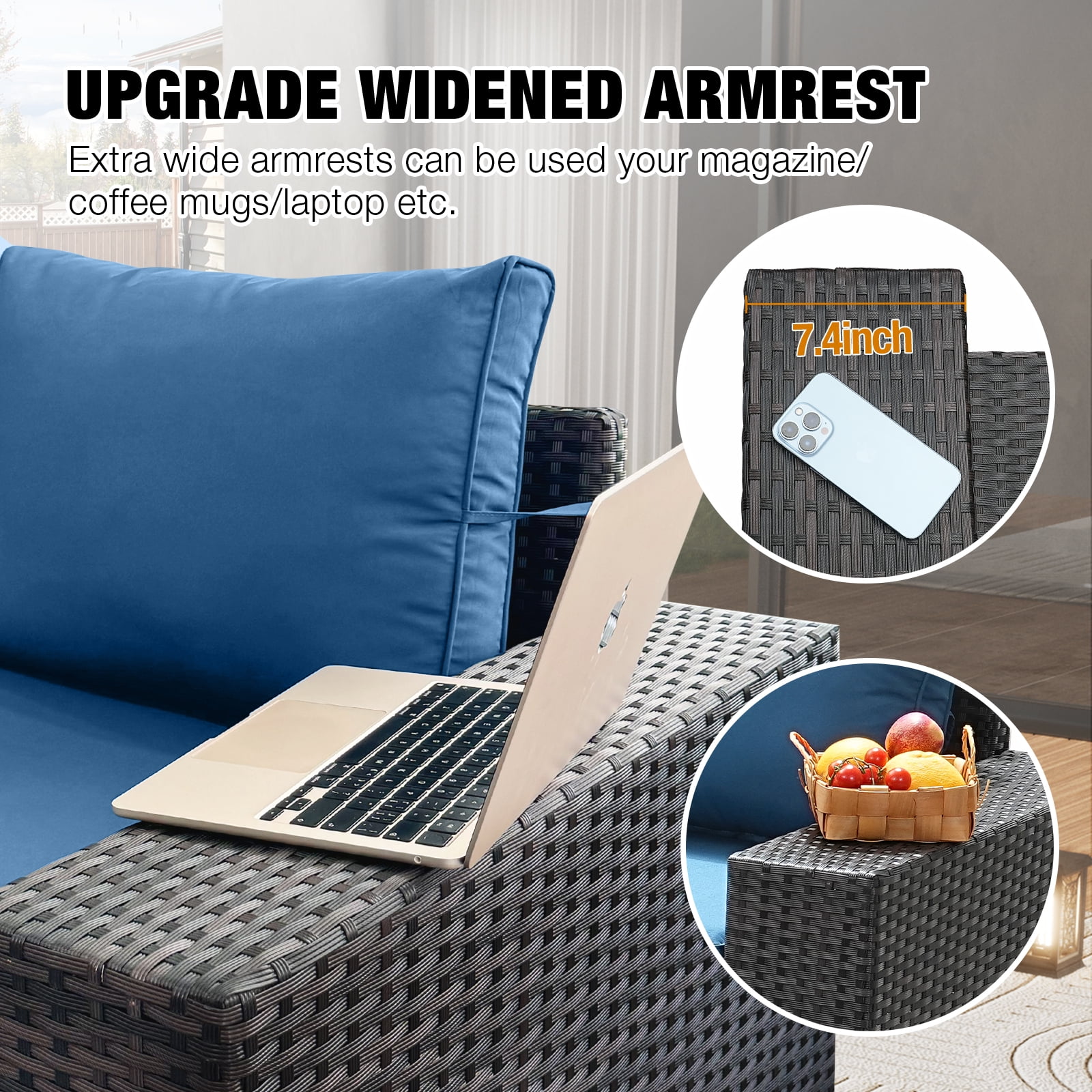 JOYURE 7 Pieces Patio Furniture set All-Weather Outdoor Wicker Sectional Conversation Sofa Rattan patio seating sofa with cushion and Glass Table and Ottoman for Porch Poolside,Peacock