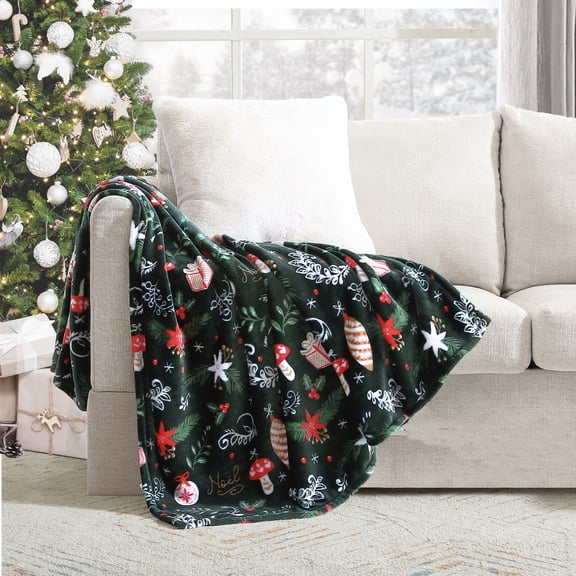 Holiday Time, Noel Assortment Printed Plush Throw Blanket, Green, Standard Throw