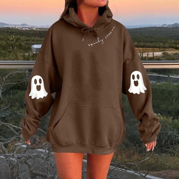 Brown Sweatshirt for Women's Trendy Halloween Hoodies Long Sleeve Fall Sweatshirt Skeleton Pumpkin Crewneck Oversize Hooded