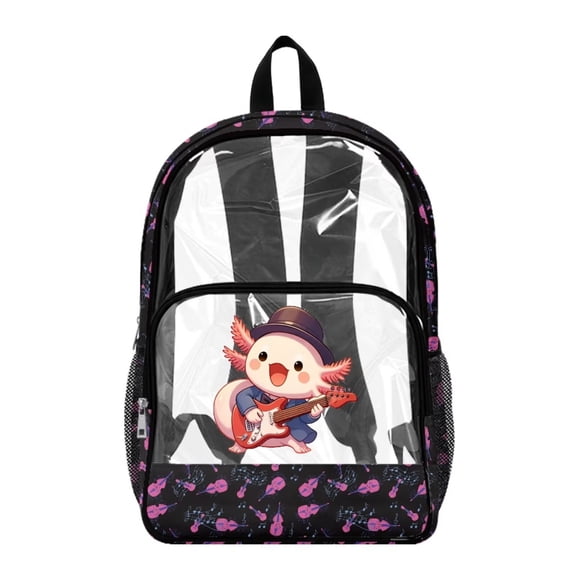 Xoenoiee Axolotl Guitar Music Note Print Backpack for Kids Girls PVC Transparent Clear Bookbag with Adjustable Straps, Large Capacity See Through School Bag for Preschool Elementary Kindergarten