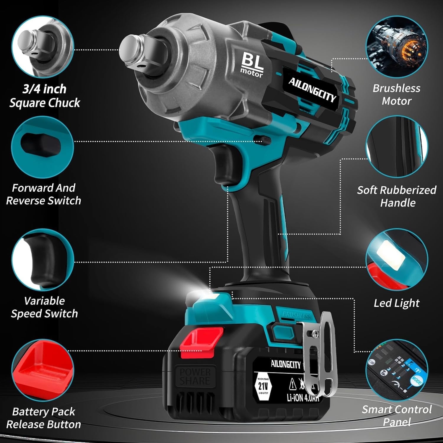 2000Nm(1500ft-lbs) Cordless Impact Wrench,3/4 inch High Torque Brushless Impact Gun, 5500RPM Power Batt ery Impact Wrench w/ 2 x 4.0Ah Bat tery, Fast Charger for Heavy Duty Truck Mower