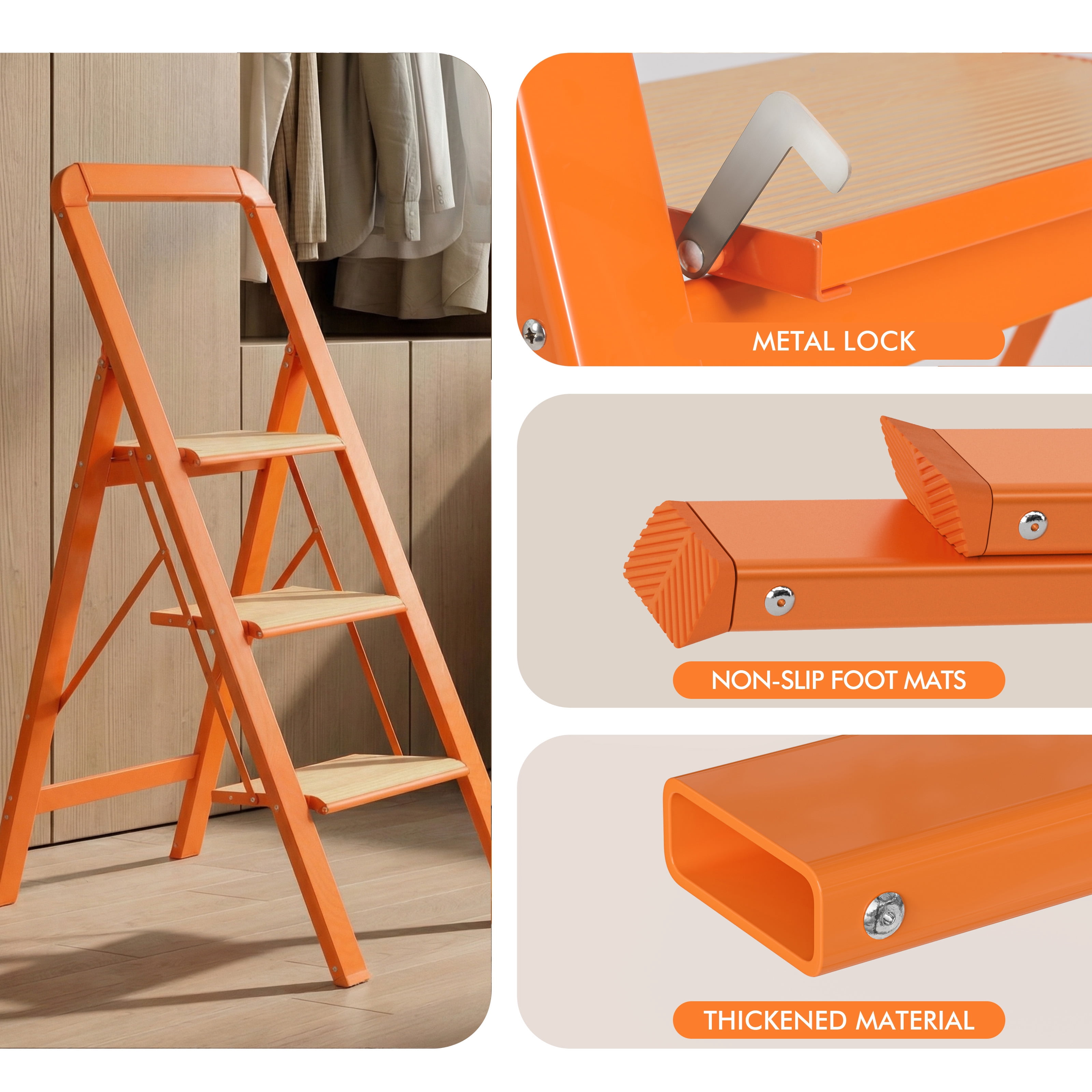 3 Step Folding Ladder 450 lbs Capacity Aluminum Alloy with Handrails Non-Slip for Home Kitchen Garage