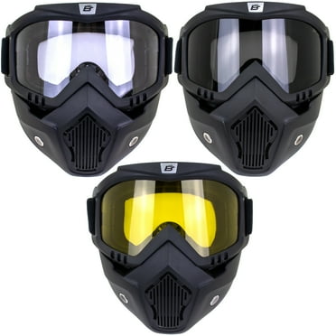 Three Pairs of Birdz Eyewear Skylark Motorcycle Goggles Removable Face Mask Black Frames One Pair Clear Lens One Pair Smoke Lens One Pair Yellow Lens