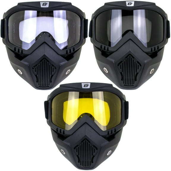 Birdz Eyewear Skylark Motorcycle Goggles Removable Face Mask 3 Pairs Black Frames with Clear Smoke Yellow Lenses