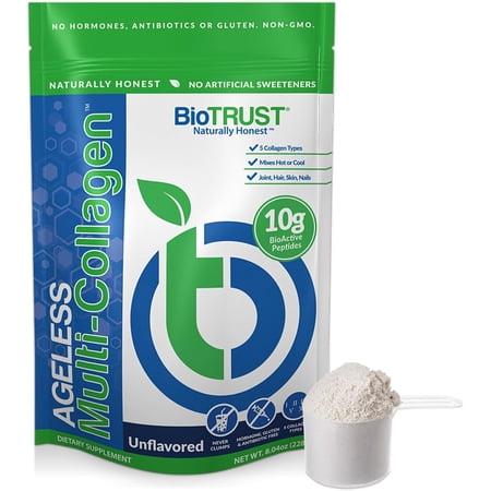 BioTrust Ageless Multi Collagen Protein Powder– 5 Collagen Types (I  II  III  V & X) for Hair  Skin  Nails & Joint Health – Grass Fed Beef  Sustainable Fish  Chicken and Eggshell Membrane (Unflavored)