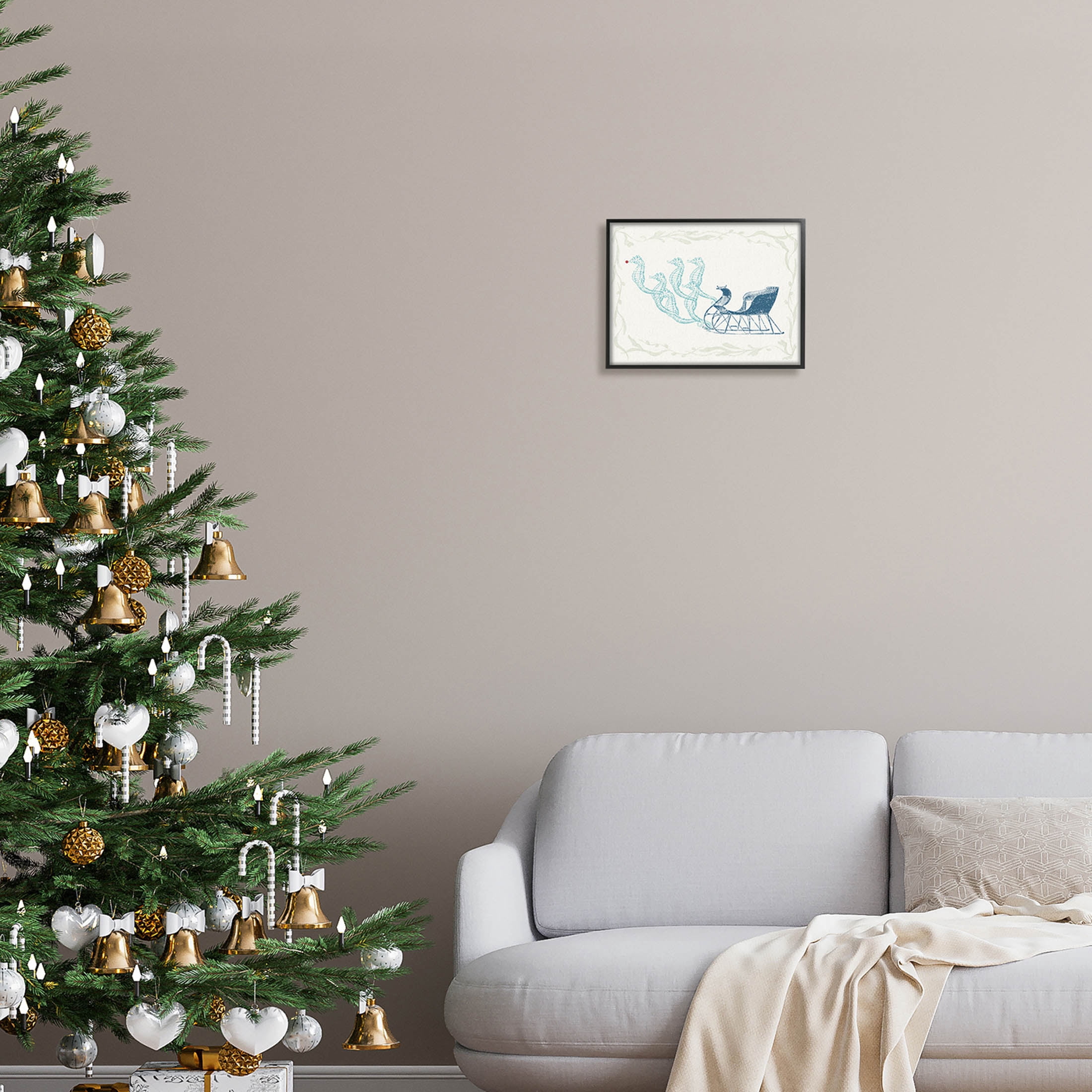 Seahorse Santa Sled Nautical Christmas Holiday Graphic Art Black Framed Art Print Wall Art