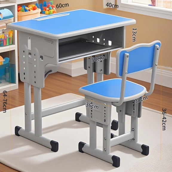 Kids Desk and Chair Set, Height Adjustable, with Metal Hook Storage Drawer for Boys Girl Study Home School, Blue