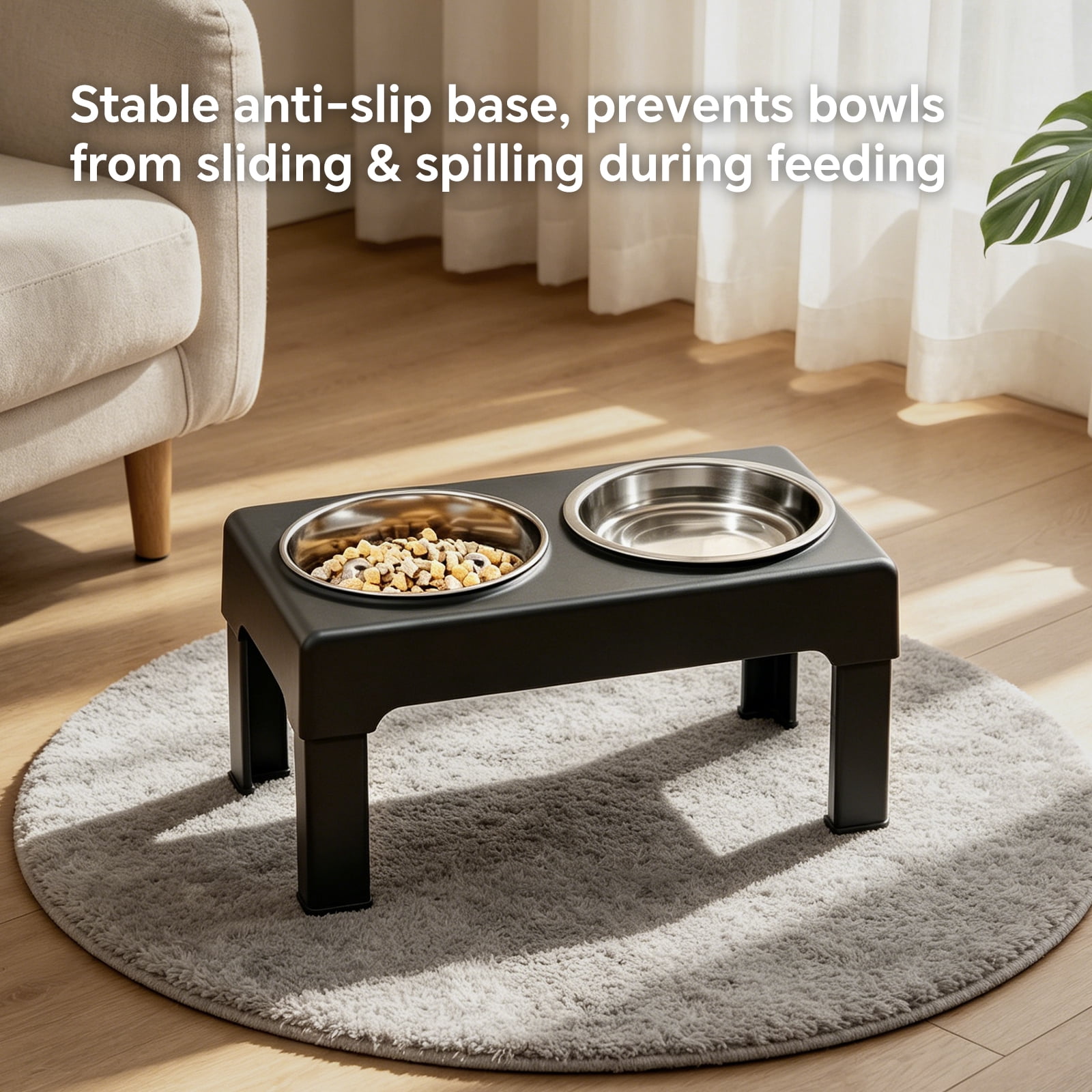 Elevated Dog Bowls Stand with Slow Feeder and 2 Stainless Steel Dishes, Height Adjustable Non-Slip Base Raised Pet Feeder for Most Sizes, Black