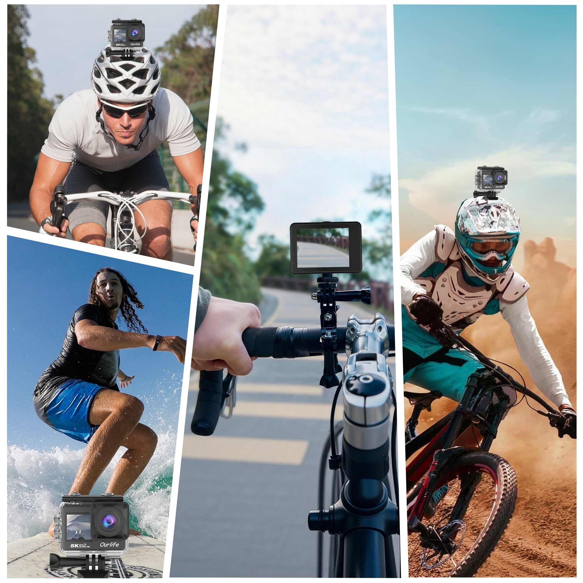 Ourlife Action Camera 5K 30FPS Waterproof Camera Underwater 100FT with EIS WiFi App Remote Control 64GB Card 170° Wide Angle Sports Helmet  Video