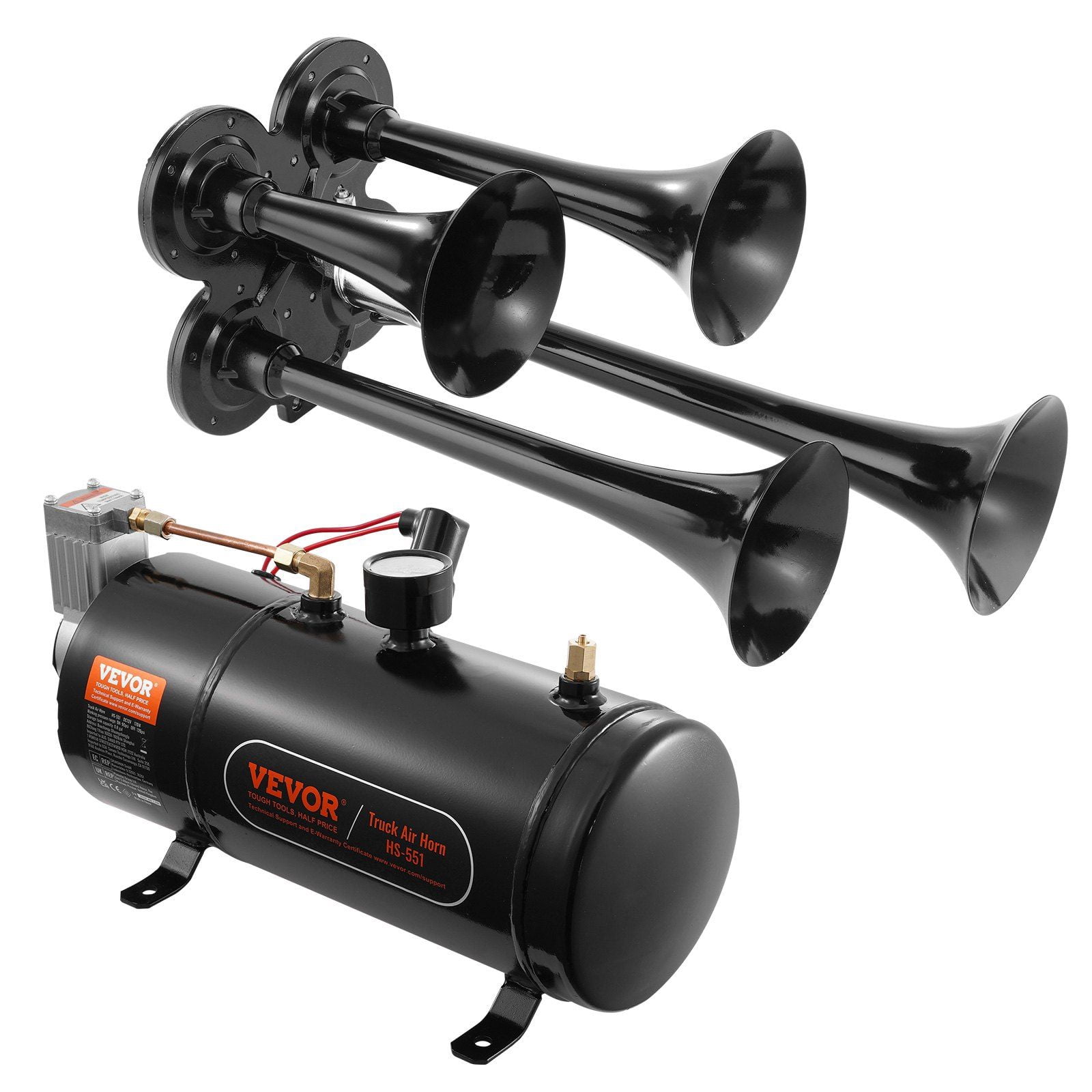 Train Horns Kit with 4 Trumpet Air Horns, 150dB Loud Sound, 12V 120 psi Air Compressor, 0.8 Gallon Air Tank with Pressure Gauge, Universal Fit for Pickup Trucks, Cars, SUVs, Vans, Boats, and More