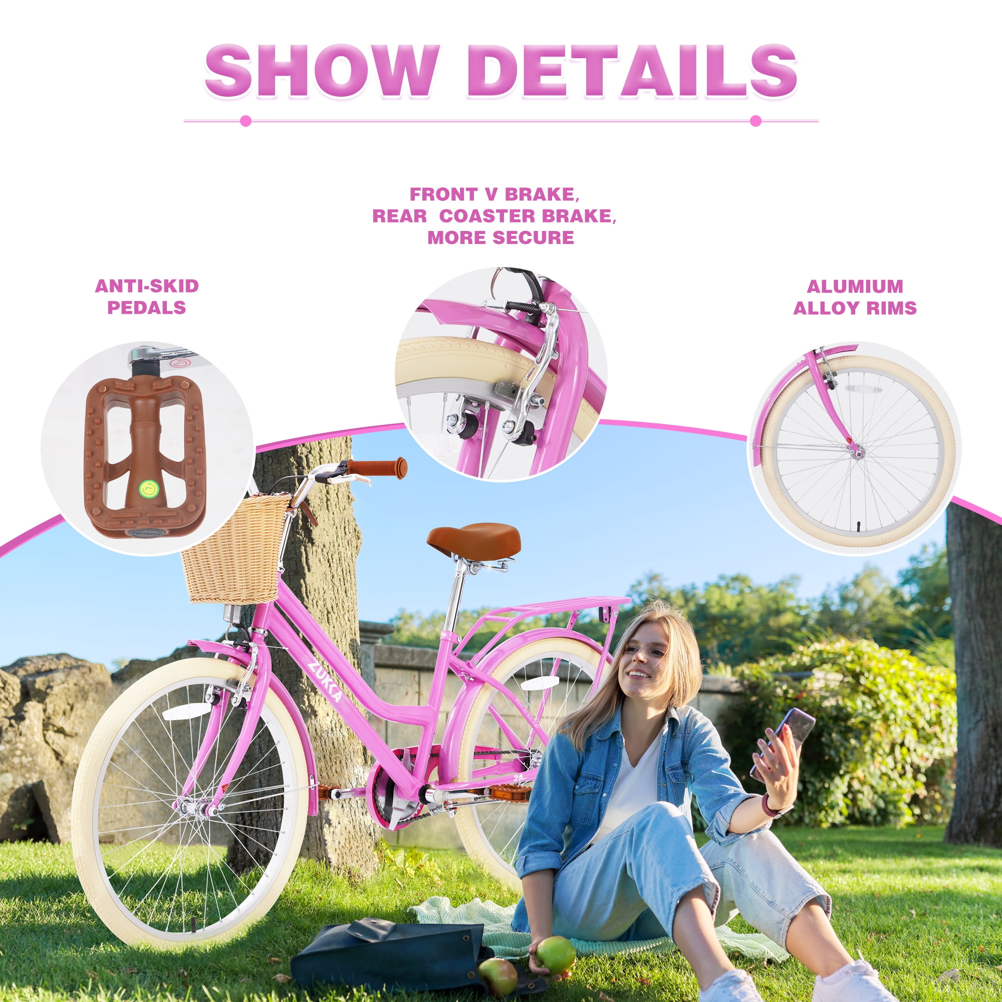 Aukfa 24 inch Cruiser Bike with Basket, Cruiser Bike Children's Bicycle for 10+ Years Old Kids, Pink