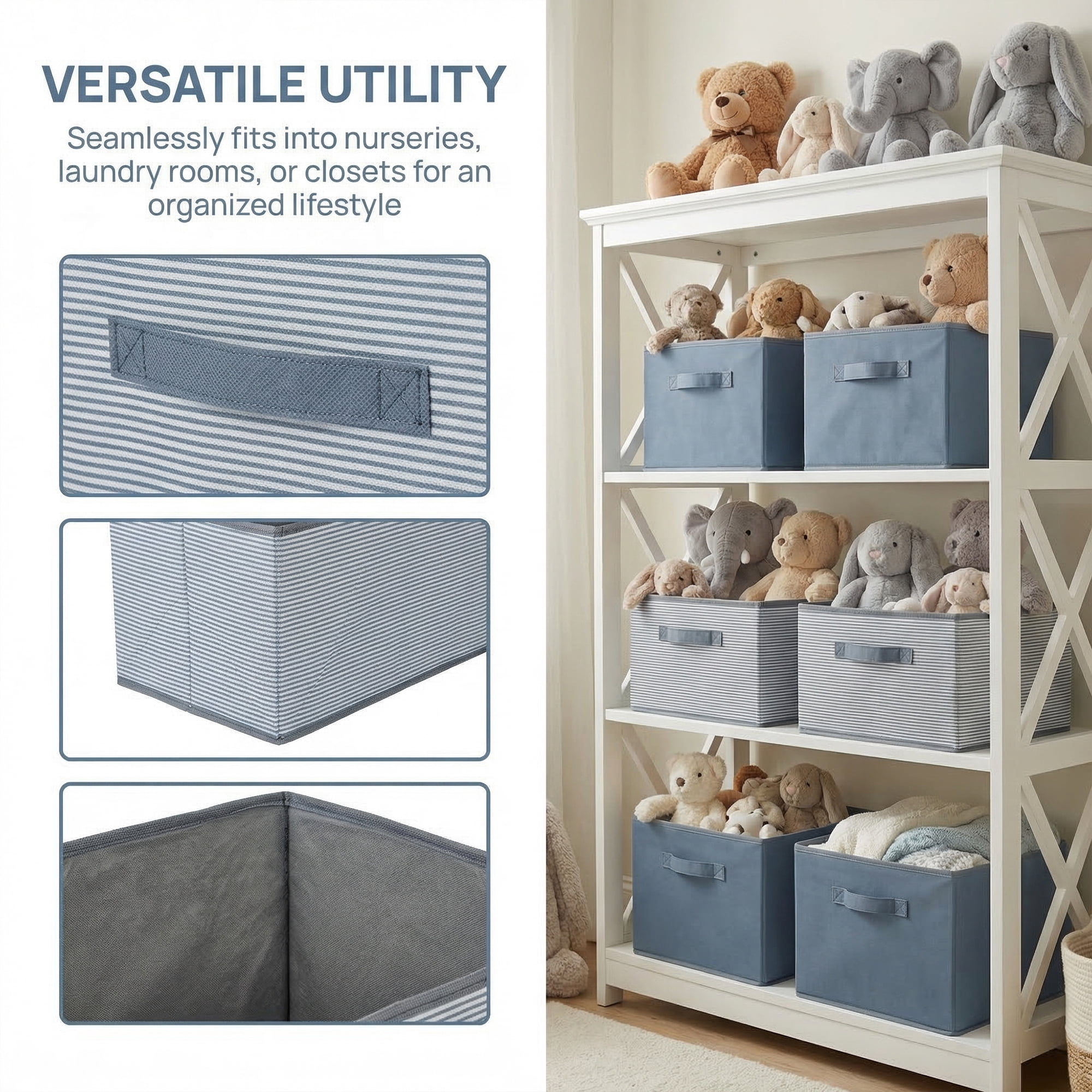Unique Bargains 3pcs Fabric Storage Bin with Stripe Grey 15.7*10.6*8.3in