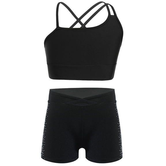 Hansber Kids Girls Dance Athletic Outfit Gymnastics Dance Crop Top Bra and Shorts Bottoms Set Gym Wrokout Activewear Black 8