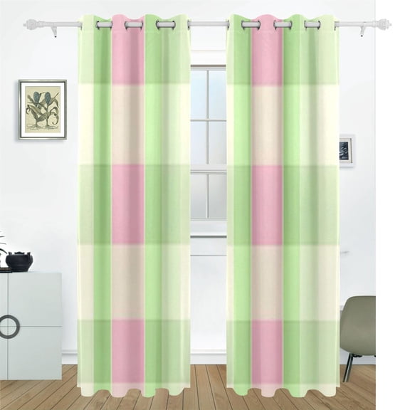 Pink and Green Stripes Blackout Curtains, 55W x 72/84L Living Room Bedroom Curtains, Heat Insulation and Sun Protection, 2-Pack