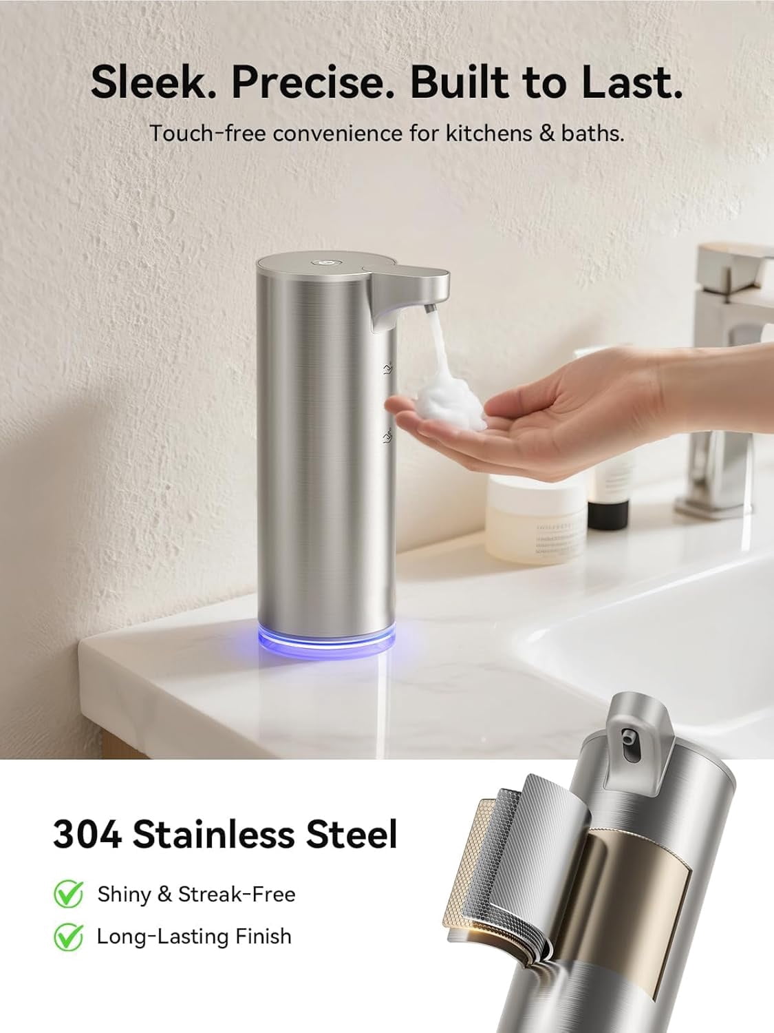 Lococo Soap Dispenser, Rechargeable Automatic Soap Dispenser Stainless Steel Touchless Foaming Soap Dispenser for Bathroom Auto Hand Soap Dispenser for Kitchen, Silver, Xmas Gift,9oz