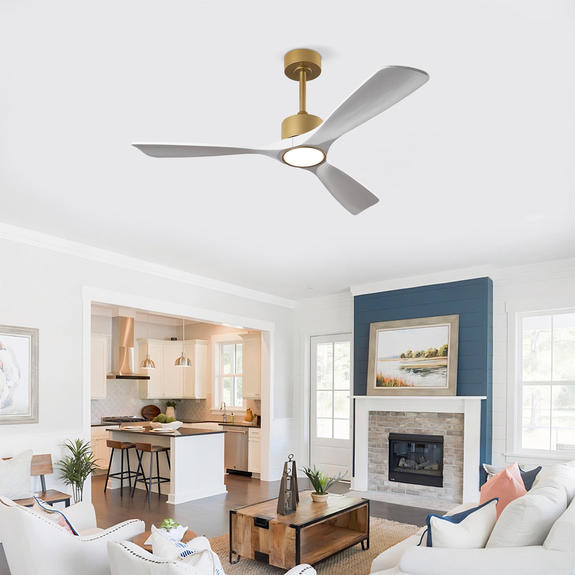 Ceiling Fan with Light, 52 Inch Solid Wood Blade Fan for Living Room Bedroom Home Decor, Gold White Walnut