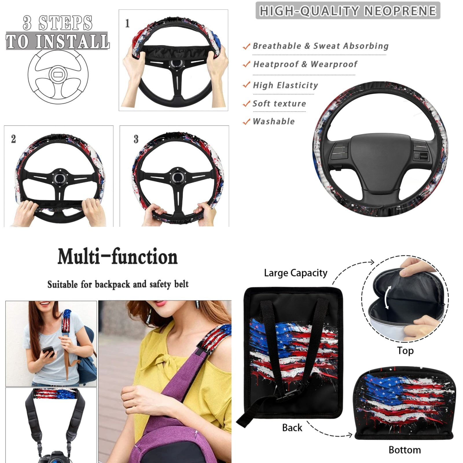 Yuyamidu 15 Piece American Flag Car Seat Covers Full Set with Auto Steering Wheel Cover Seat Belt Strap Protector Cup Holder Trash Bag Air Vent Storage Pocket Rearview Protector Wristlet Keychain