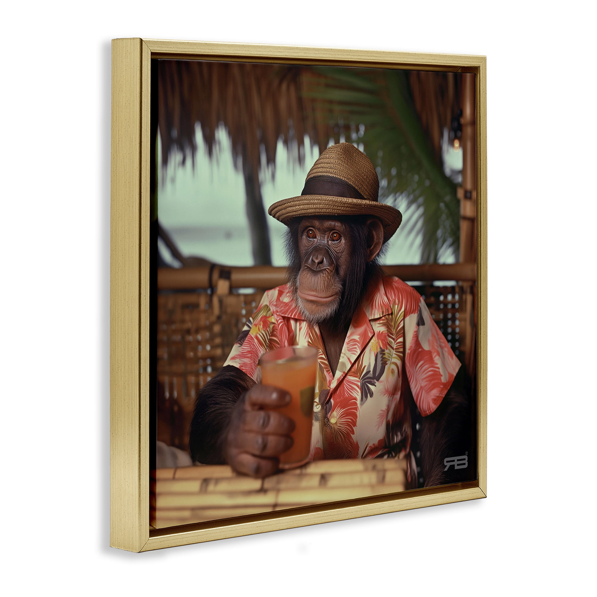 Stupell Industries Tropical Vacation Monkey Novelty Painting Gold Floater Framed Canvas Art Print Wall Art, 18 x 18