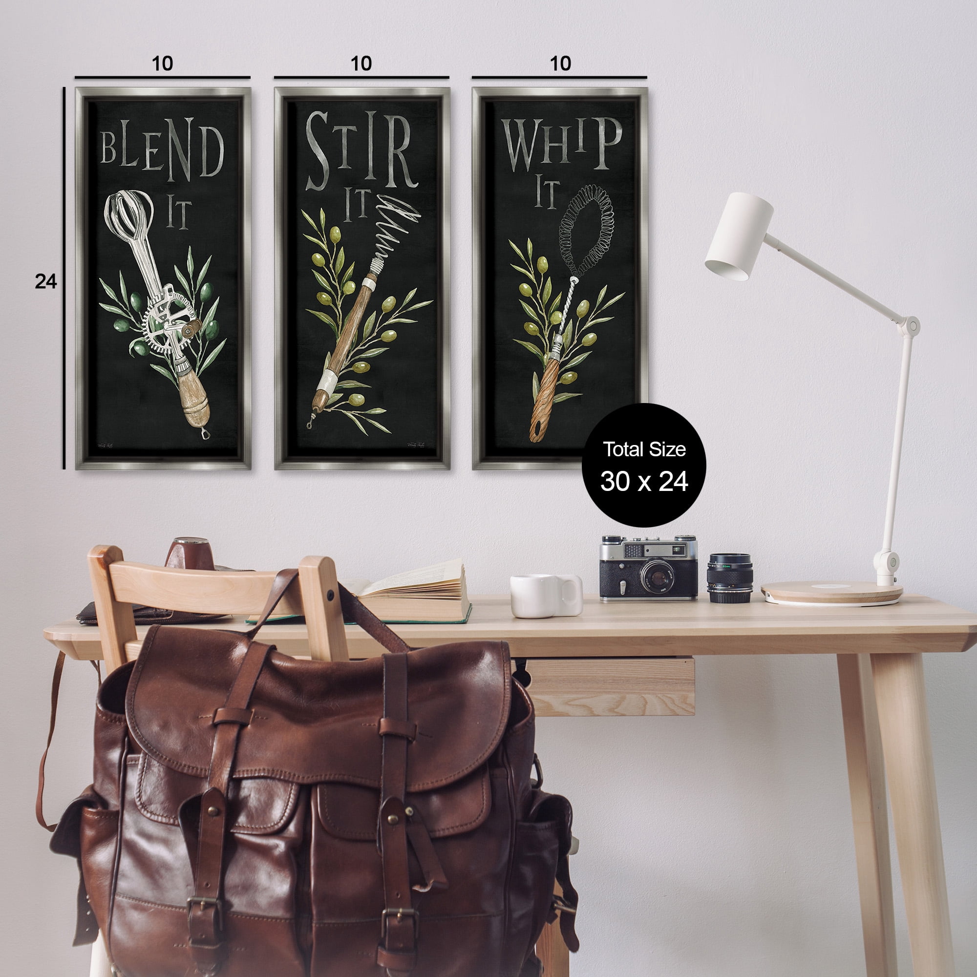 Stupell Industries Kitchen Utensils & Phrases Botanical & Floral Painting Gray Floater Framed Canvas Art Print Wall Art, 11 x 25, Set of 3