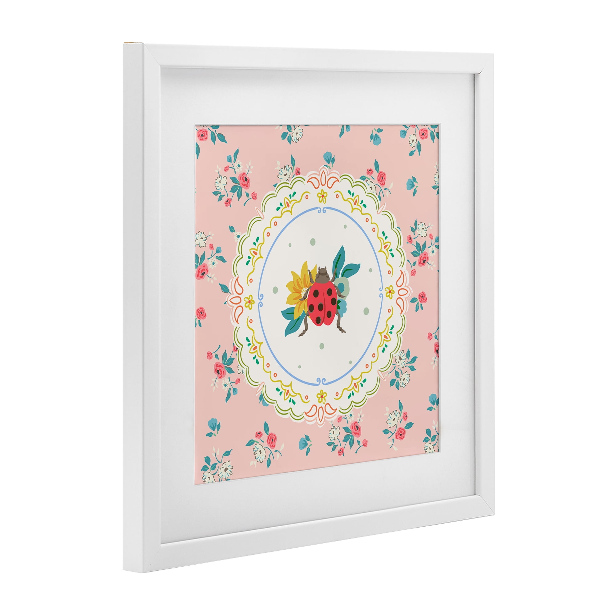 Spring Lady Bug Lace Pattern White Framed Print Under Glass, design by Angela Steahling