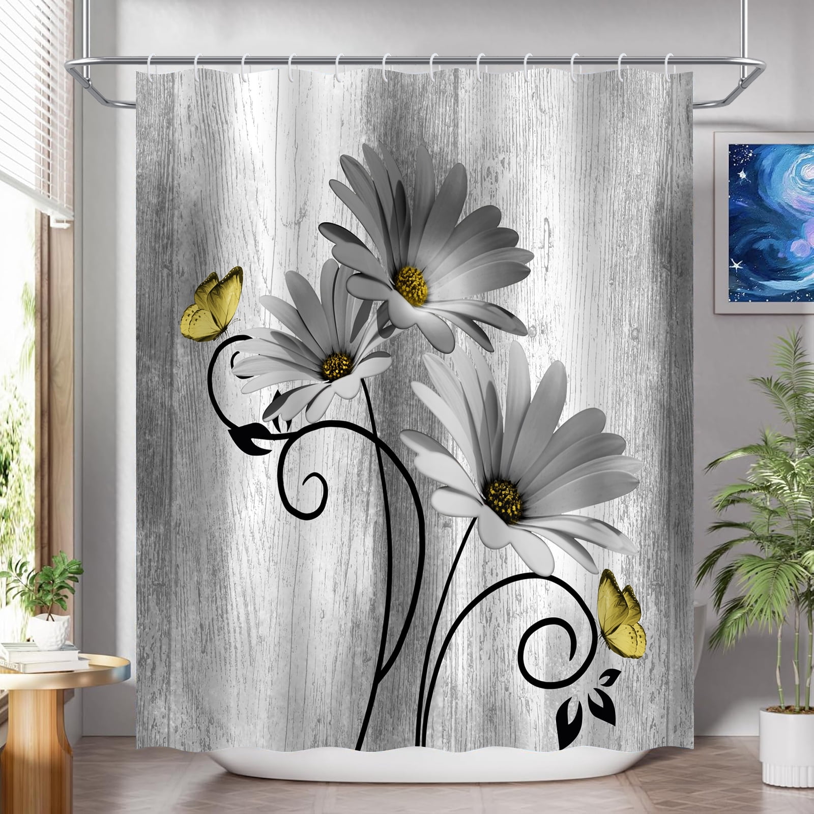 Hadint 4Pcs Gray Daisy Floral and Butterfly Shower Curtain Set, Shower Curtain and Rug Set, 12 Pcs Hooks, 71inx71in