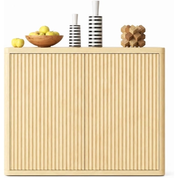 Panapinka 46.7" Fluted Sideboard Buffet Cabinet, Wooden Accent Credenza with 3 Handle-Free Doors & Adjustable Shelves, Modern Storage Coffee Bar Table for Kitchen Living Room Entryway