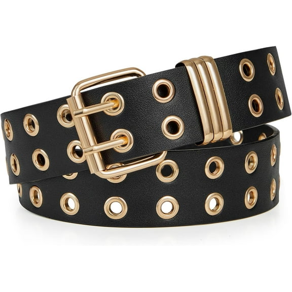 Grommet Leather Belt with Detachable Chain Women Men Punk Rock Waist Belts for Jeans Pants