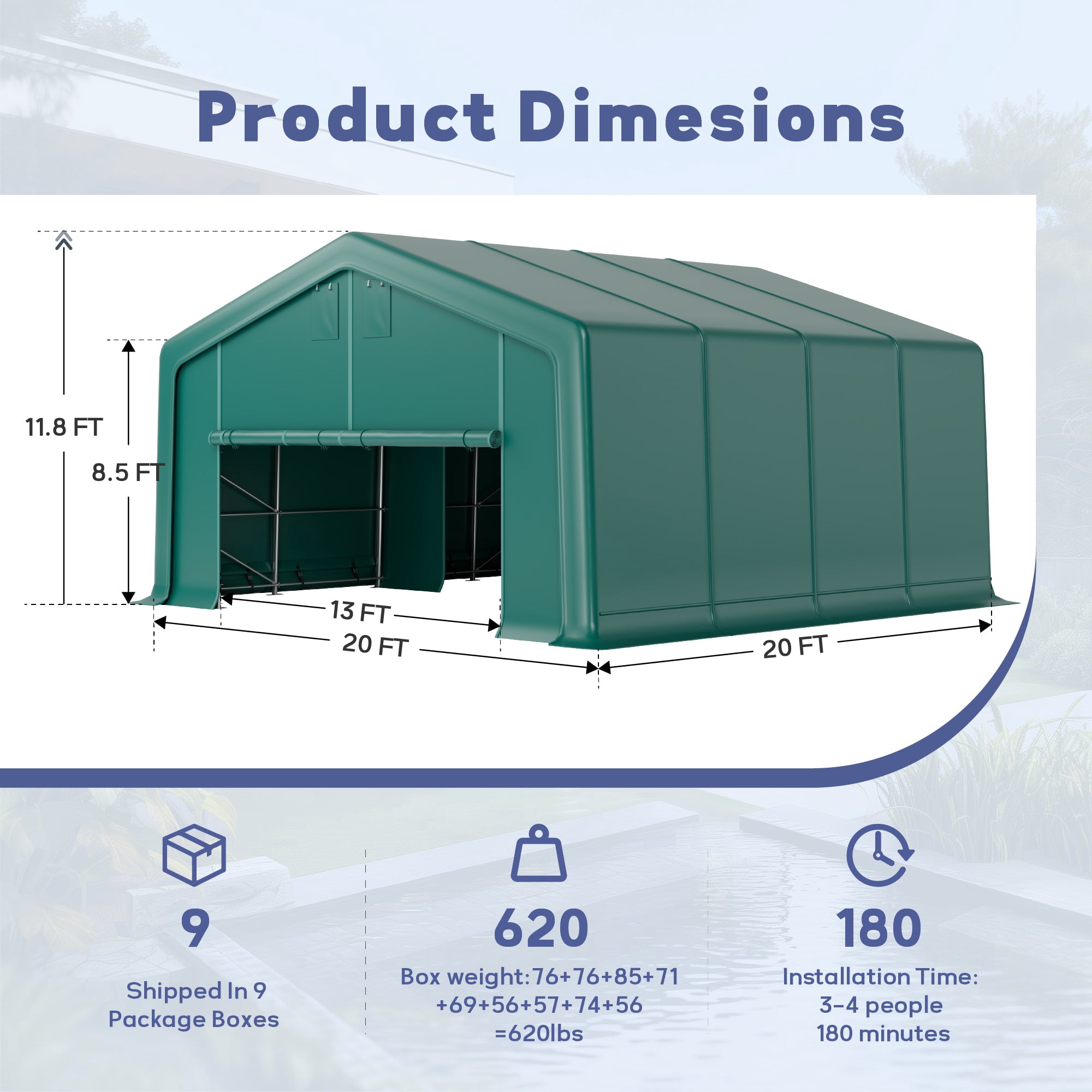 20 x 20 x 11.8 FT Outdoor Green Portable Carport with All-Weather Canopy, Multiple Use Outdoor Storage Shelter Shed