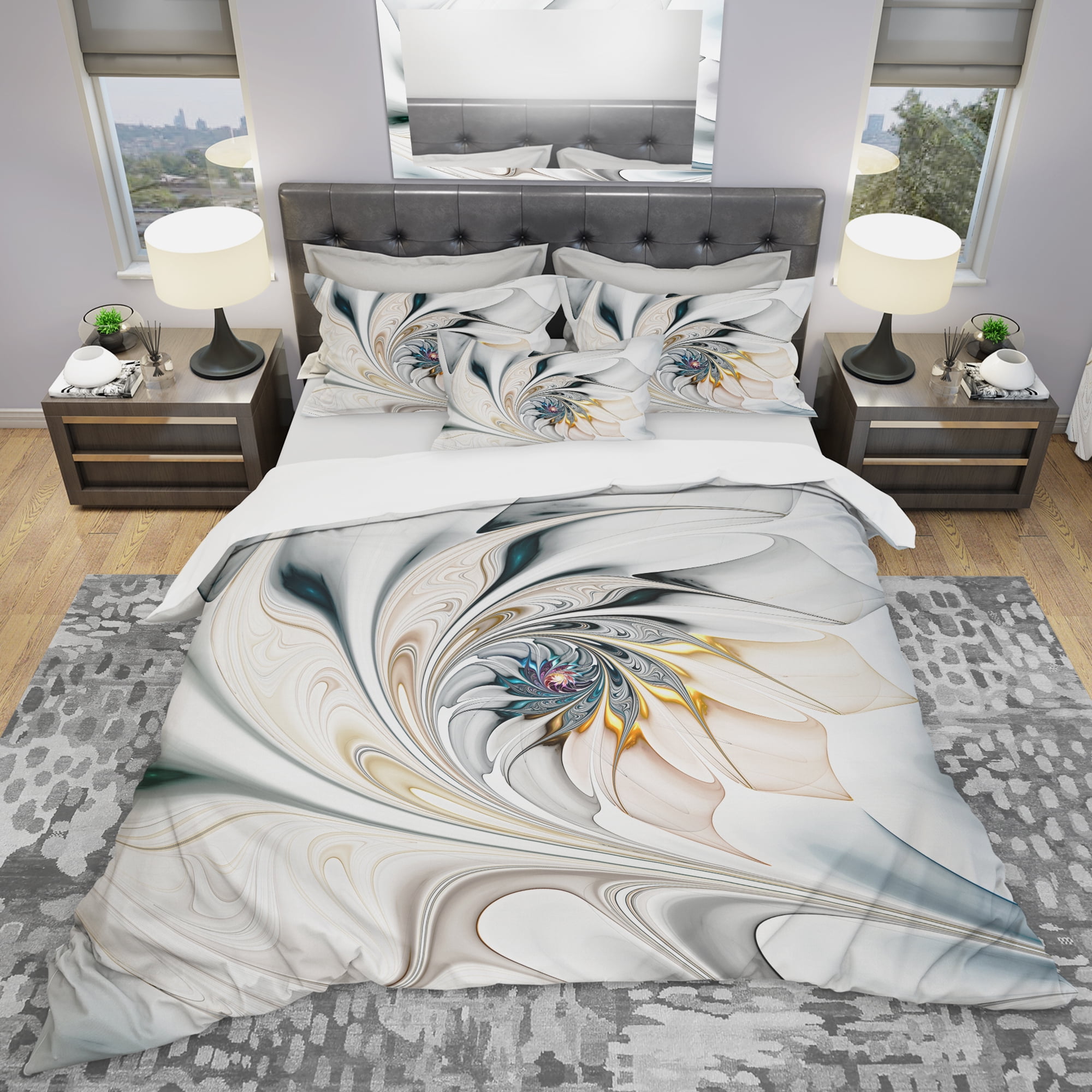 Designart 'White Stained Glass Floral Art' Modern & Contemporary Duvet Cover Set