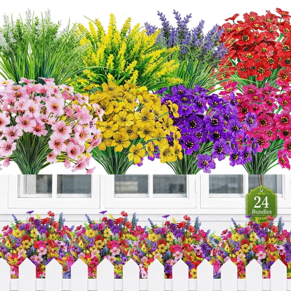 Miracliy 24 Pcs Mixed Color Artificial Wildflowers, Fake Silk Flowers for Home and Outdoor Decor
