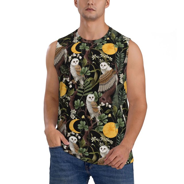 Fotbe Owls And Plants Men's Camiseta sin Mangas Estampada para Hombres, Playera Casual para Gimnasio, Entrenamiento, Playa-X-Large