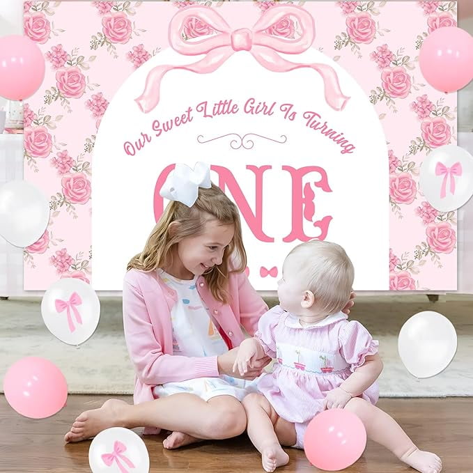 72PCS Pink Bow Princess 1st Birthday Decoration - Bow Garland Arch Kit Our Sweet Little Girl Is Turning One Backdrop Pink Bow Number 1 Foil Balloon for Baby Princess Girl 1st Birthday Party Supplies
