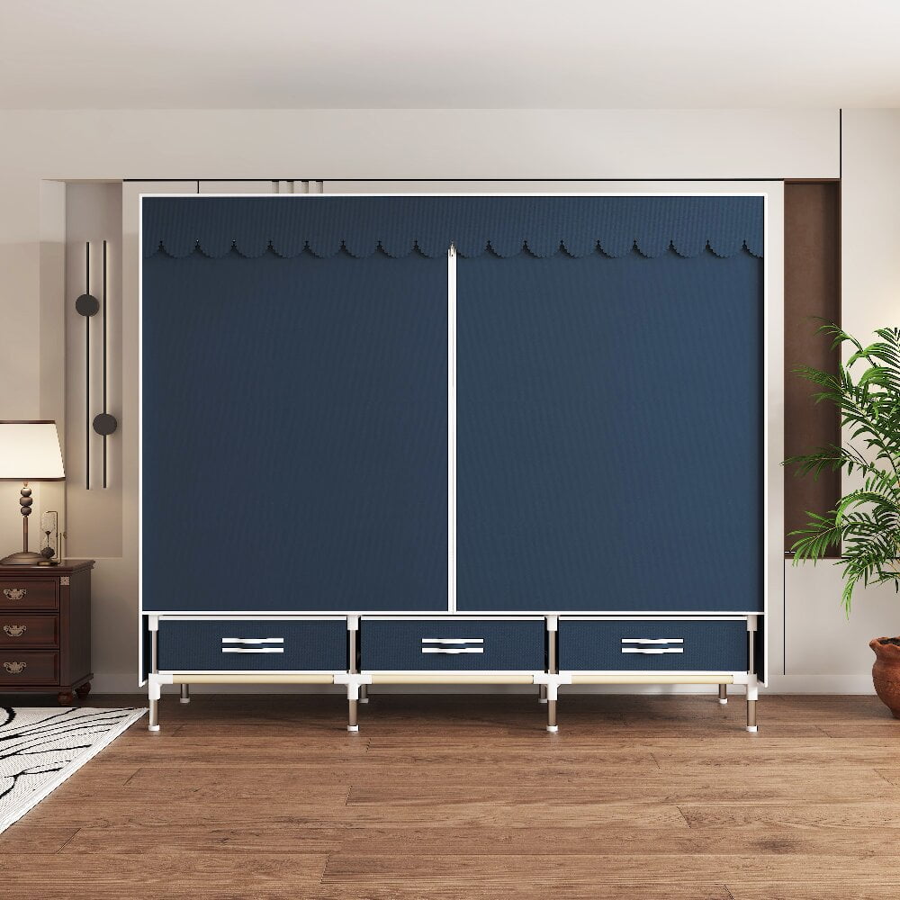 ArluKin 59Inch Portable Wardrobe Closet, 3 Storage Spaces with 3 Hanging Rods,3 Drawers，Steel Frame Fabric Organizer, Easy Assembly and Dust Resistant Design, blue
