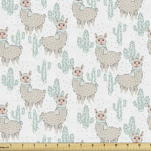 Ambesonne Animal Print Fabric by the Yard Upholstery, Llama Scarf and Cactus, 5 Yards, Eggshell Blue