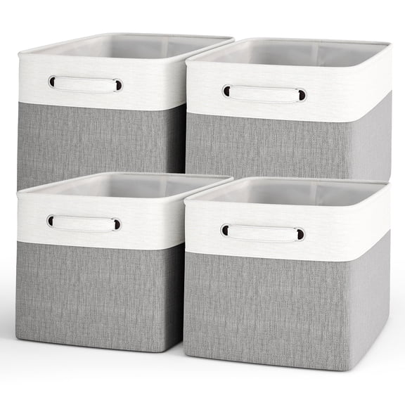 SUGIFT 4 Pack Foldable Woven Storage Bins with Handles and Base Board for Closet Nursery and Home, Gray