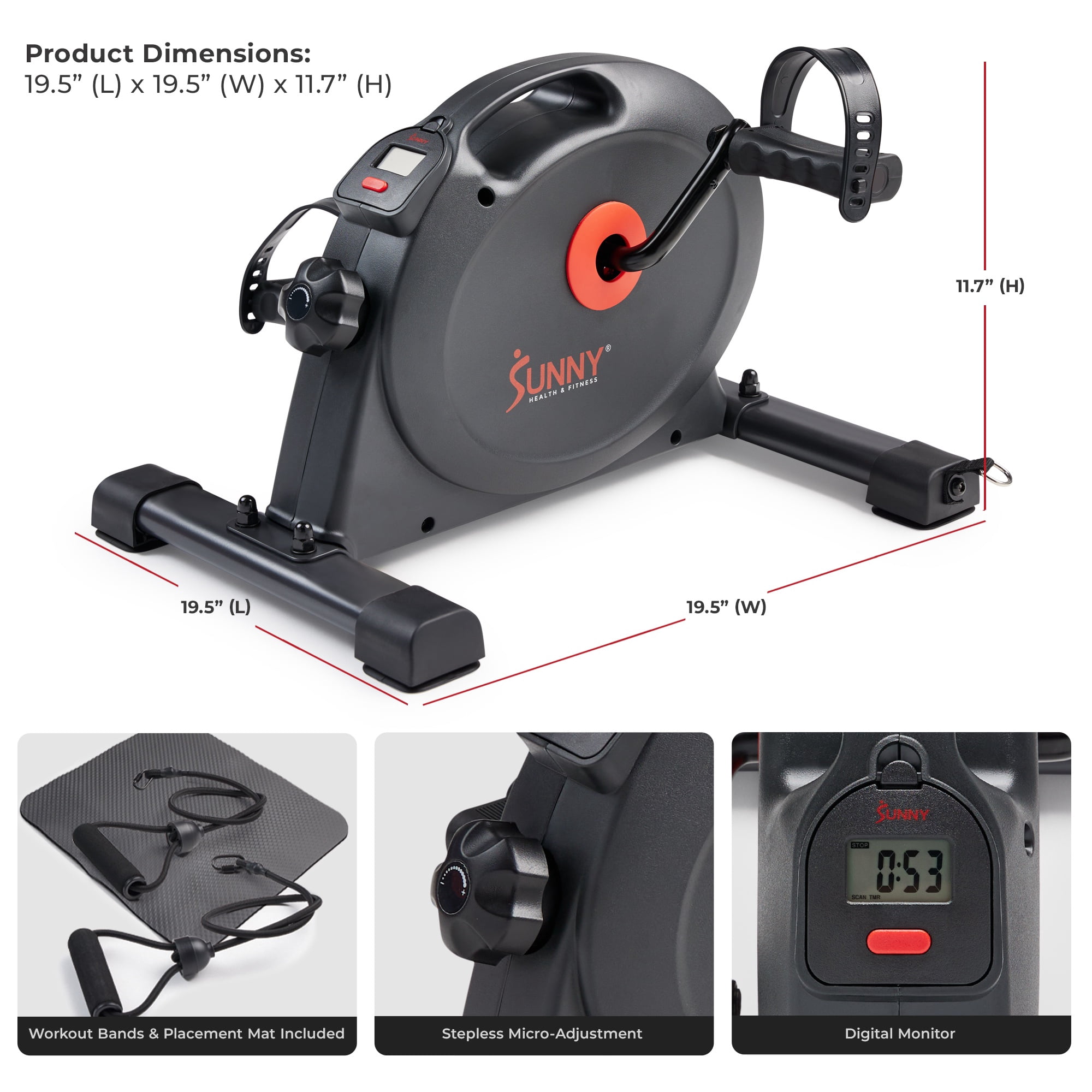 Under Desk Smart Mini Pedal Exerciser, Low Profile Exercise Cycle Bike and Mat/Workout Bands w Free SunnyFit App SF-B0418SMART by Sunny Health & Fitness