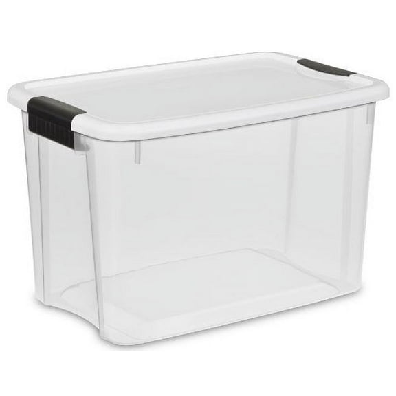 Sterilite 19859806 30 Quart/28 Liter Ultra Latch Box, Clear with a White Lid and Black Latches, 6-Pack
