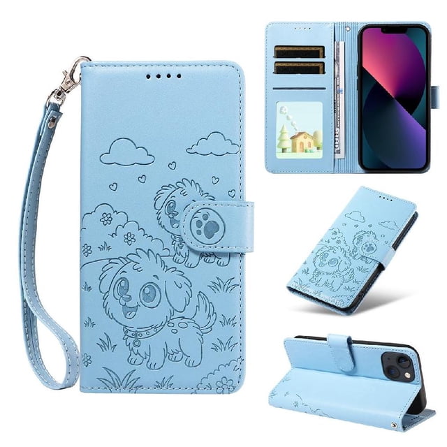 Funda Cartera GANGXUN con Diseño de Perrito en Relieve para iPhone 13 , Protección 360° con Ranuras y Correa Desmontable