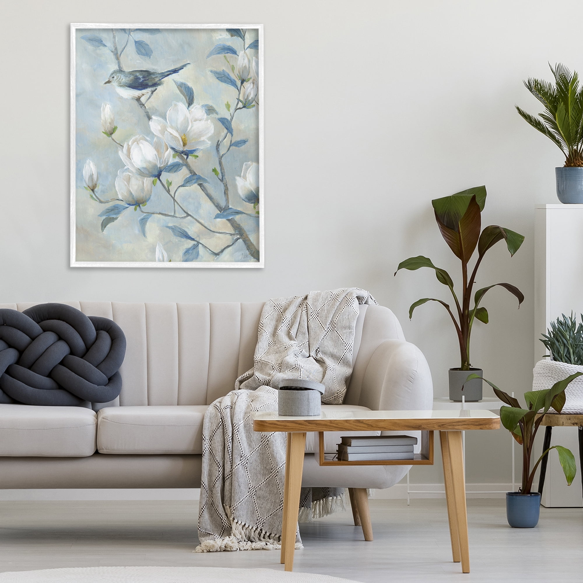 Stupell Industries Blue Bird in Magnolia Tree White Framed Giclee Art, design by Nan