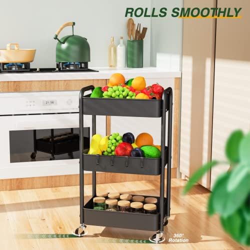 3 Tier Rolling Storage Cart, Metal Trolley Utility Cart with Wheels & Hooks, Easy Assembly Organizer Storage Cart for Bathroom Kitchen Office Bedroom Black