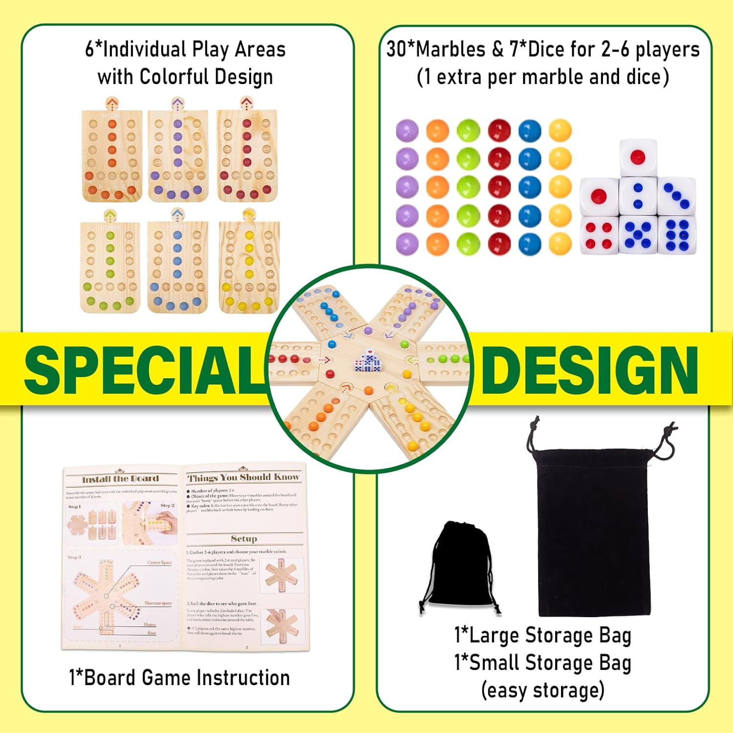 Original Marble Aggravation Board Game Set, Portable Wooden Tabletop Game with 30 Marbles and 7 Dice for Family Party Nights (2-6 Players)