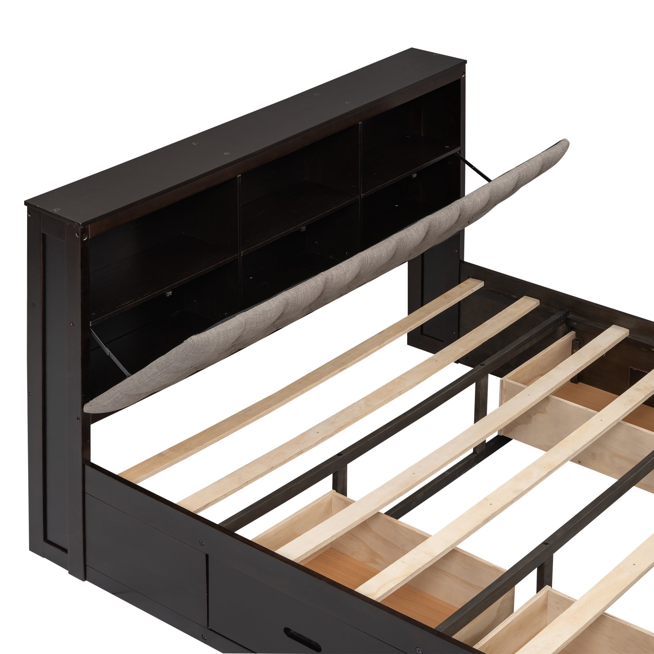 Noble House Norva Queen Size Wood Platform Bed, Storage Headboard with Integrated Drawers and Shoe Rack, Espresso