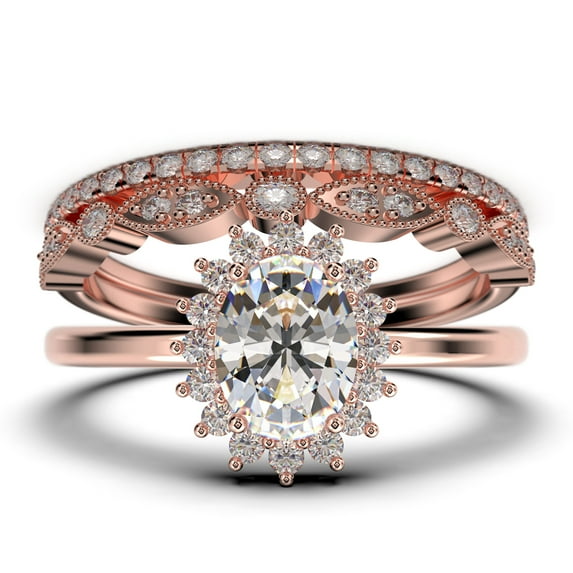 Beautiful Minimalist 2.50 Carat Oval Diamond Moissanite Engagement Ring, Halo Wedding Ring, Two Matching Band in 925 Sterling Silver With Plain 18k Rose Gold Plating Band Gift For Her