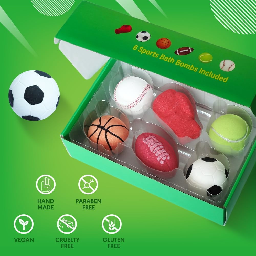 HZEX Large Organic Bath Bombs with 6 Different Sports Themes, 6 Various Bathbomb Scents for Men Boys Women Kids, Natural Paraben Free Bath bomb with Essential Oils