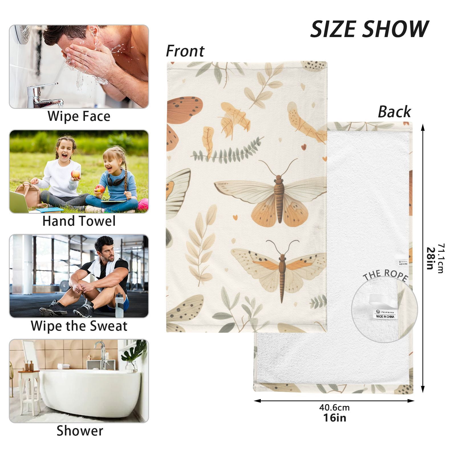 Insect Butterflies Leaves Hand Towel Bath Towels Face Towels Cotton Absorbent for Home Hotel Spa Swimming Yoga Sports Decorative Towel Set of 2
